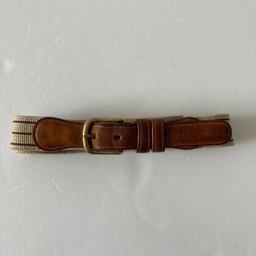 Coach Brown Leather and Beige Stripe Canvas Belt